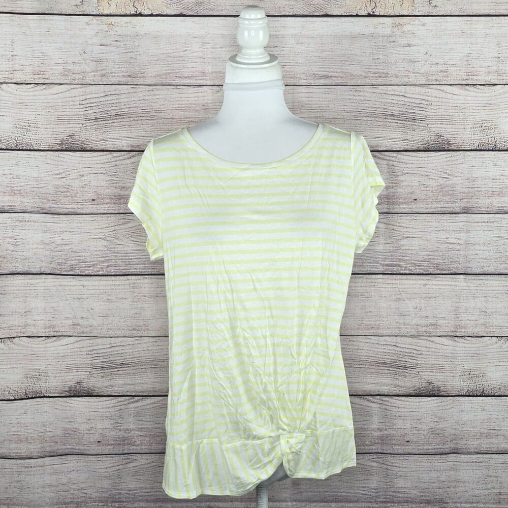 NWT Yellow White Striped Knot Front Women's LOFT Short Sleeve Blouse Large